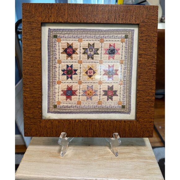 Vintage ? Framed Quilt Star Patchwork Print Wall Art 10"x10" With Rustic Wooden - Picture 1 of 16